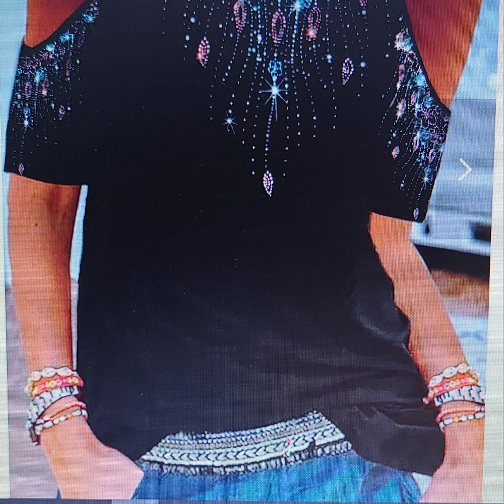 NWT MISSLOOK Native Turquoise & Silver Motif around Neck & Cut-Out Short Sleeves